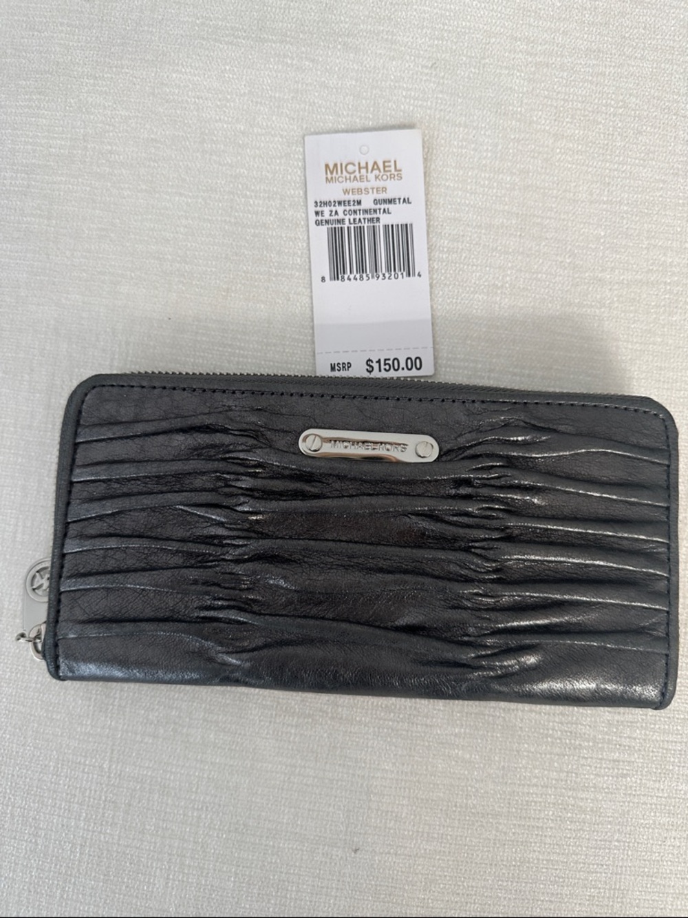 NWT Michael Kors Webster Gunmetal Leather Ruched Continental Zip Around Wallet